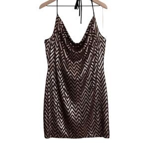 Curvy Sense Holiday Sequin Christmas Black Rose Gold Halter Bodycon Mini Dress